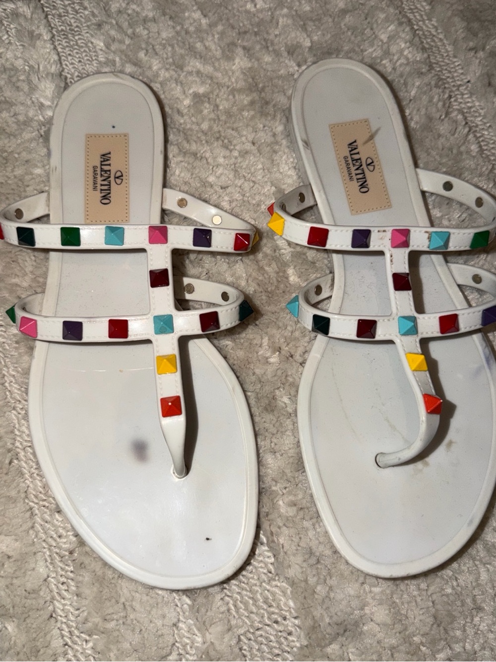 Valentino White T-Strap Sandals with Multicolor Pyramid Studs